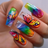 Long Press On Nails, Vibrant Rainbow Gradient with Butterfly Design, Reusable Nail Art