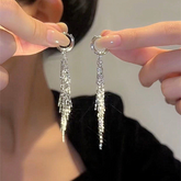 Dazzling Silver Long Metal Tassel Ear Cuffs, Minimalist Unique Design Earrings, Trendy Versatile Jewelry
