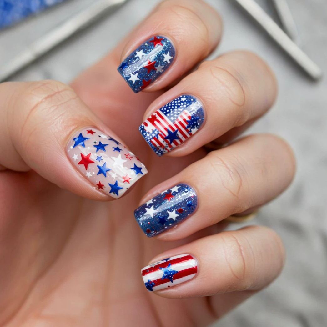 Independence Day Press On Nails, Classic Fashion Nails with Flag Stripes & Star Design